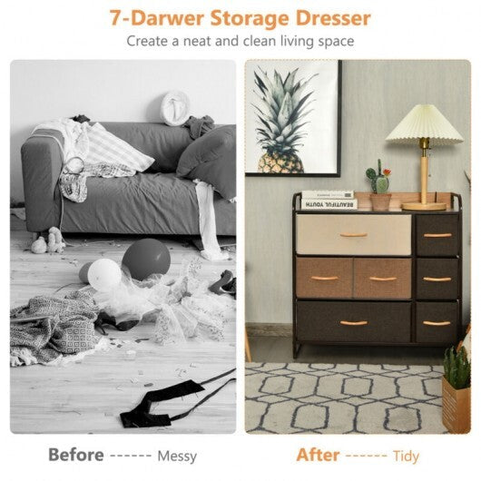 7 Drawer Tower Steel Frame and Wooden Top Dresser Storage Chest for Bedroom W2B