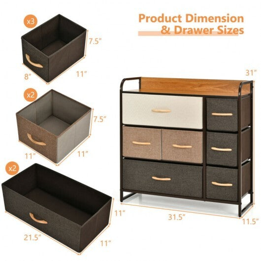 7 Drawer Tower Steel Frame and Wooden Top Dresser Storage Chest for Bedroom W2B