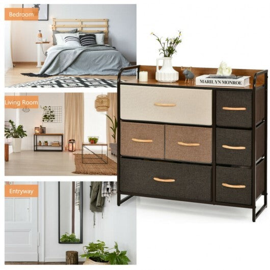 7 Drawer Tower Steel Frame and Wooden Top Dresser Storage Chest for Bedroom W2B