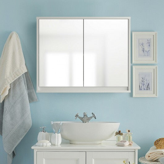 2-Door Wall-Mounted Bathroom Mirrored Medicine Cabinet - Color: White W2B