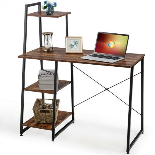 Computer Desk with Shelves and 3-Tier Storage Bookshelf-Brown - Color: Brown W2B