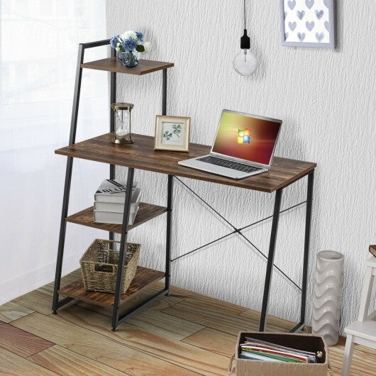 Computer Desk with Shelves and 3-Tier Storage Bookshelf-Brown - Color: Brown W2B
