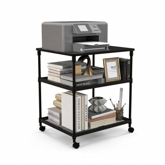 3 Tier Printer Stand Rolling Fax Cart with Adjustable Shelf and Swivel Wheels-Coffee W2B