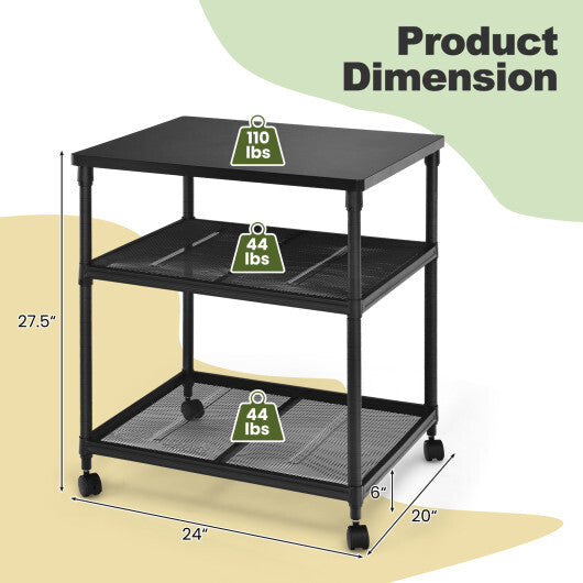 3 Tier Printer Stand Rolling Fax Cart with Adjustable Shelf and Swivel Wheels-Coffee W2B