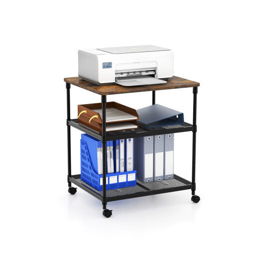 3 Tier Printer Stand Rolling Fax Cart with Adjustable Shelf and Swivel Wheels-Coffee W2B