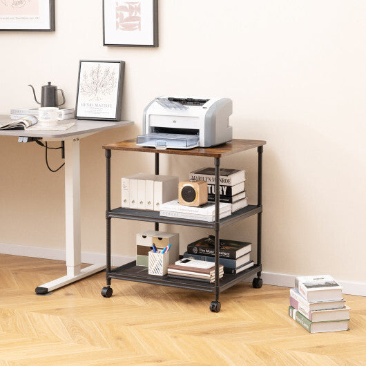 3 Tier Printer Stand Rolling Fax Cart with Adjustable Shelf and Swivel Wheels-Coffee W2B