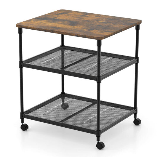 3 Tier Printer Stand Rolling Fax Cart with Adjustable Shelf and Swivel Wheels-Coffee W2B