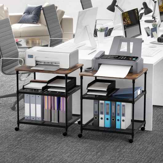 3 Tier Printer Stand Rolling Fax Cart with Adjustable Shelf and Swivel Wheels-Coffee W2B