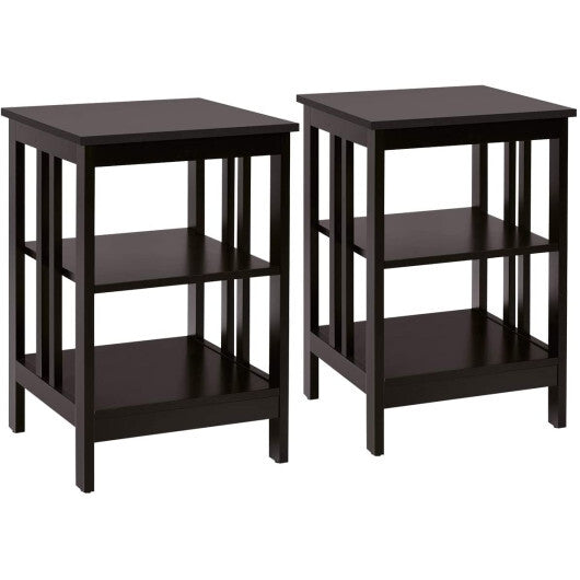 2 Pieces 3-Tier Nightstand with Reinforced Bars and Stable Structure-Dark Brown W2B