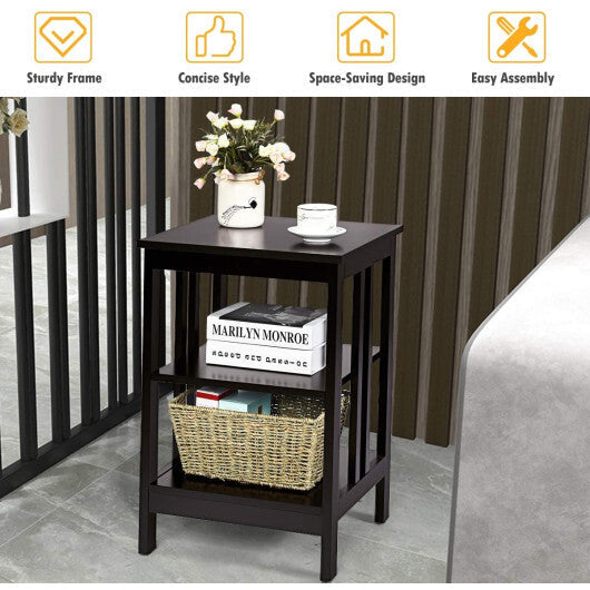 2 Pieces 3-Tier Nightstand with Reinforced Bars and Stable Structure-Dark Brown W2B