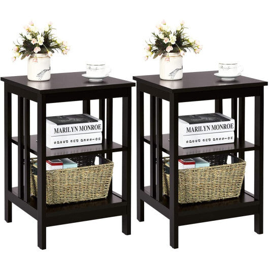2 Pieces 3-Tier Nightstand with Reinforced Bars and Stable Structure-Dark Brown W2B