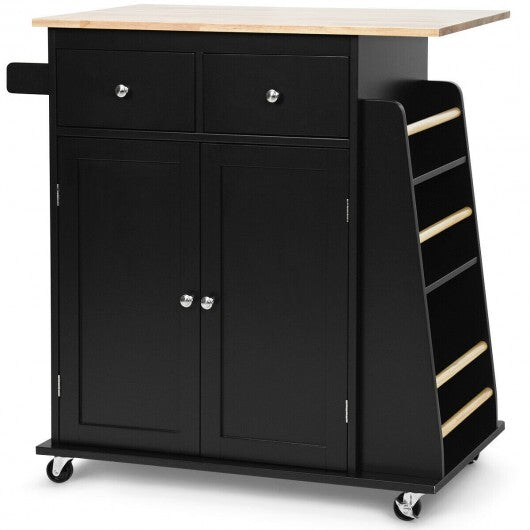 Rubber Wood Countertop Rolling Kitchen Island Cart-Black