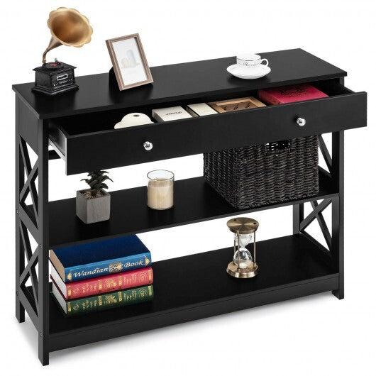 3-Tier Console Table with Drawers for Living Room Entryway-Black