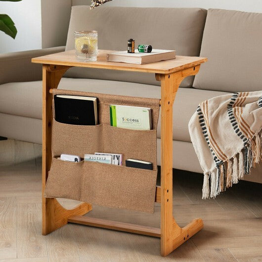 Bamboo Sofa Table End Table Bedside Table with Storage Bag - Color: Natural W2B