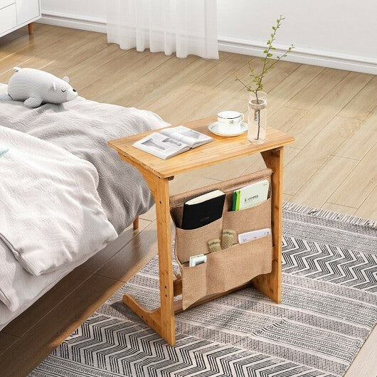 Bamboo Sofa Table End Table Bedside Table with Storage Bag - Color: Natural W2B