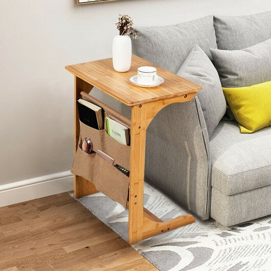 Bamboo Sofa Table End Table Bedside Table with Storage Bag - Color: Natural W2B