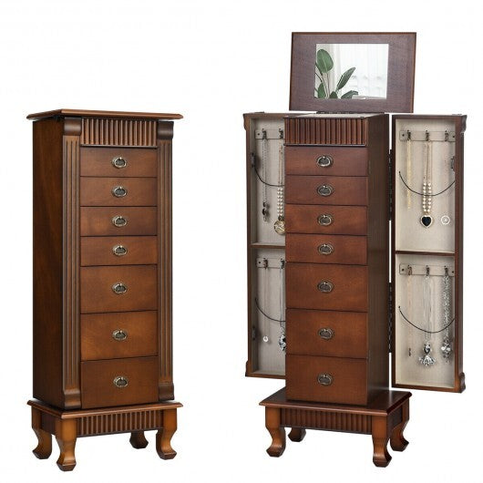 Wooden Jewelry Armoire Cabinet Storage Chest with Drawers and Swing Doors-Brown W2B