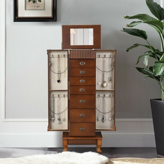 Wooden Jewelry Armoire Cabinet Storage Chest with Drawers and Swing Doors-Brown W2B