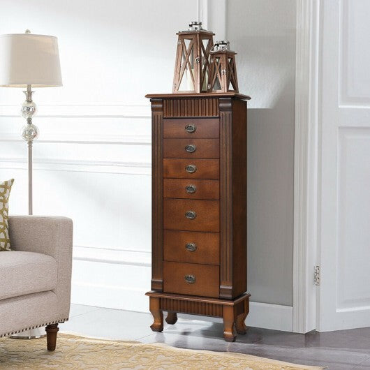 Wooden Jewelry Armoire Cabinet Storage Chest with Drawers and Swing Doors-Brown W2B