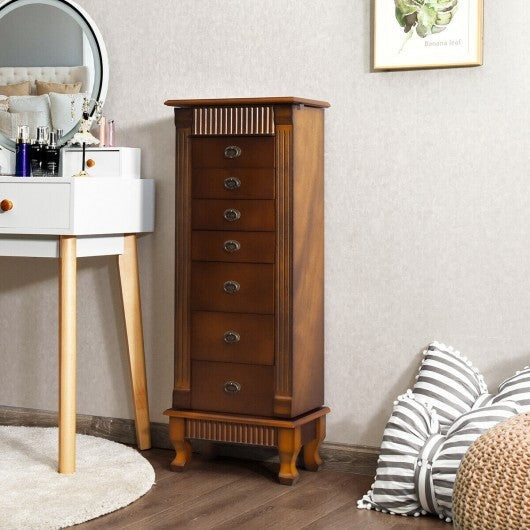 Wooden Jewelry Armoire Cabinet Storage Chest with Drawers and Swing Doors-Brown W2B