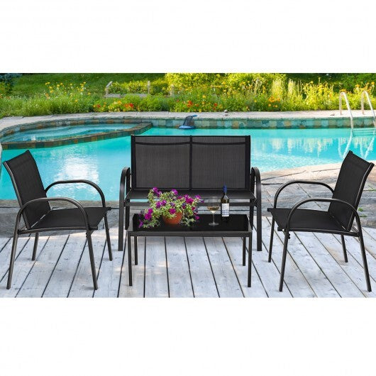 4 Pieces Patio Furniture Set with Glass Top Coffee Table-Black W2B