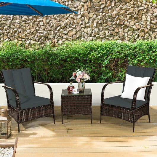 3 Pcs Patio Conversation Rattan Furniture Set with Glass Top Coffee Table and Cushions-Gray