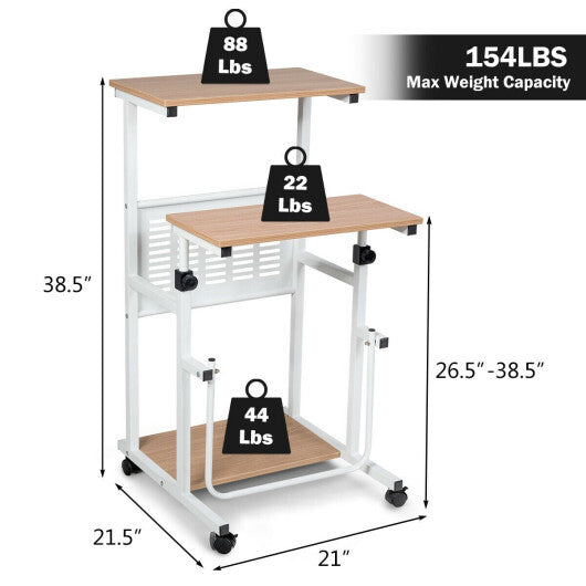 Height Adjustable Mobile Computer Stand-Up Desk with Two Modes-White W2B