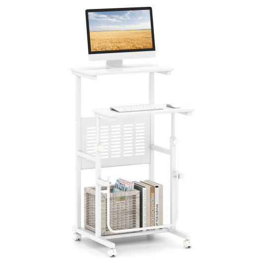 Height Adjustable Mobile Computer Stand-Up Desk with Two Modes-White W2B