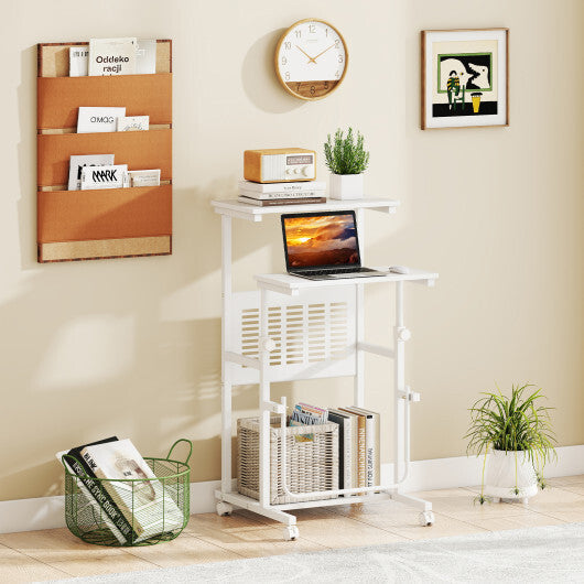 Height Adjustable Mobile Computer Stand-Up Desk with Two Modes-White W2B