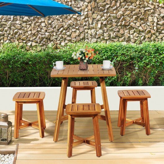 5 Pieces Wood Patio Dining Set with Square Table and 4 Stools