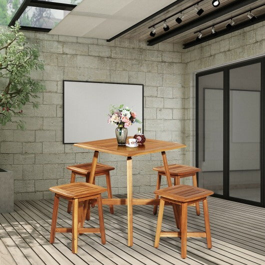 5 Pieces Wood Patio Dining Set with Square Table and 4 Stools