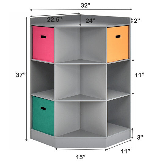 3-Tier Kids Storage Shelf Corner Cabinet with 3 Baskets-Gray W2B