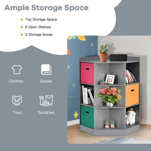 3-Tier Kids Storage Shelf Corner Cabinet with 3 Baskets-Gray W2B