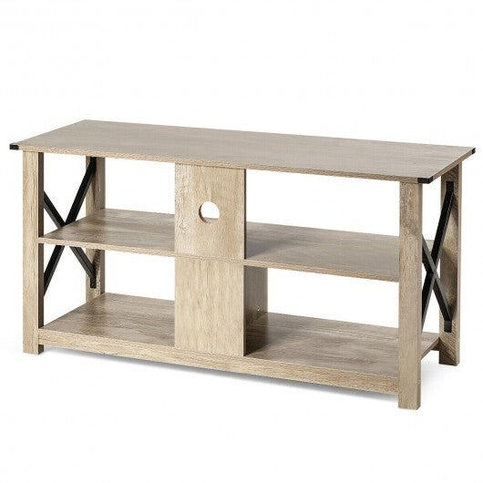 3 Tier Wood TV Stand for 55-Inch with Open Shelves and X-Shaped Frame-Brown W2B
