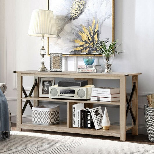 3 Tier Wood TV Stand for 55-Inch with Open Shelves and X-Shaped Frame-Brown W2B