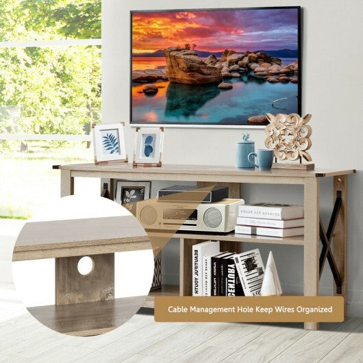 3 Tier Wood TV Stand for 55-Inch with Open Shelves and X-Shaped Frame-Brown W2B
