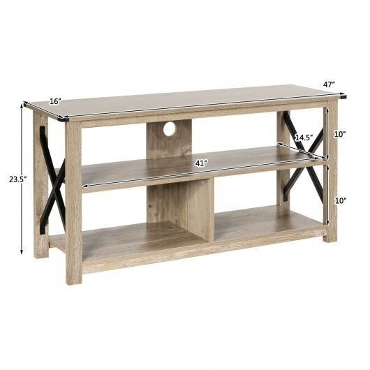 3 Tier Wood TV Stand for 55-Inch with Open Shelves and X-Shaped Frame-Brown W2B