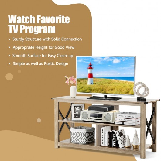 3 Tier Wood TV Stand for 55-Inch with Open Shelves and X-Shaped Frame-Brown W2B