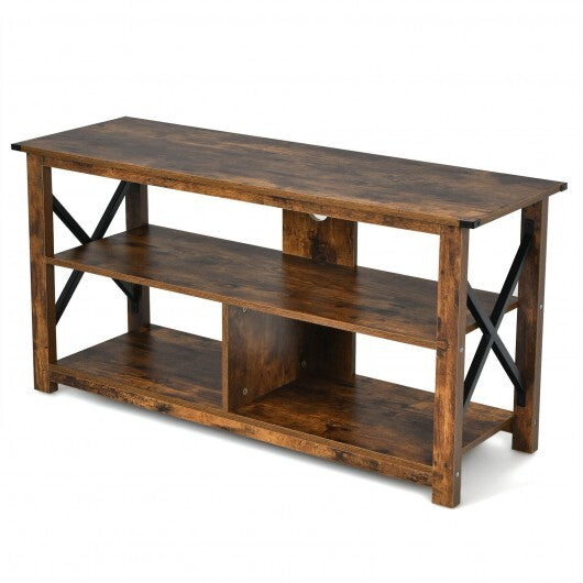 3 Tier Wood TV Stand for 55-Inch with Open Shelves and X-Shaped Frame-Brown W2B