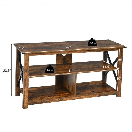 3 Tier Wood TV Stand for 55-Inch with Open Shelves and X-Shaped Frame-Brown W2B