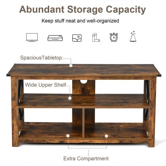 3 Tier Wood TV Stand for 55-Inch with Open Shelves and X-Shaped Frame-Brown W2B