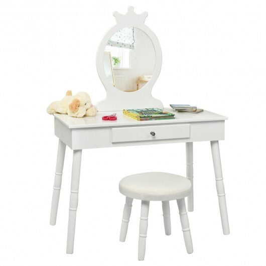 Kids Vanity Makeup Table & Chair Set Make Up Stool-White - Color: White W2B