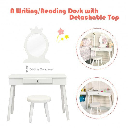Kids Vanity Makeup Table & Chair Set Make Up Stool-White - Color: White W2B