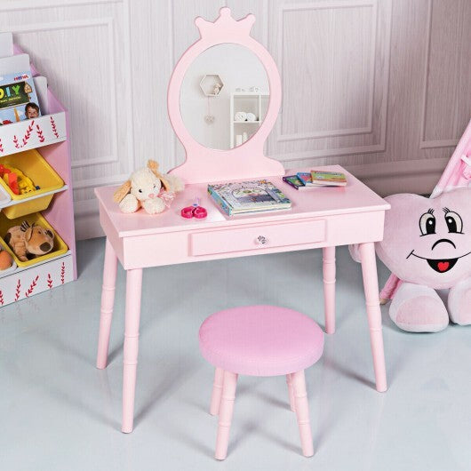 Kids Vanity Makeup Table & Chair Set Make Up Stool-White