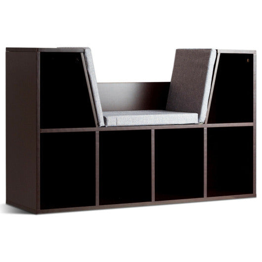 6-Cubby Kid Storage Bookcase Cushioned Reading Nook-Brown W2B