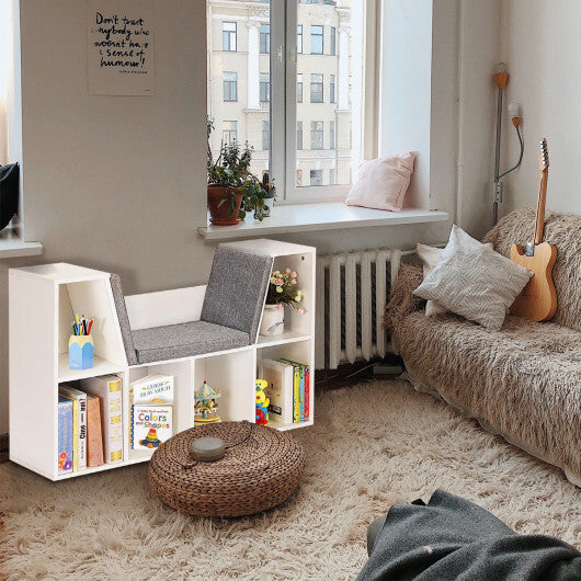 6-Cubby Kid Storage Bookcase Cushioned Reading Nook-Brown W2B