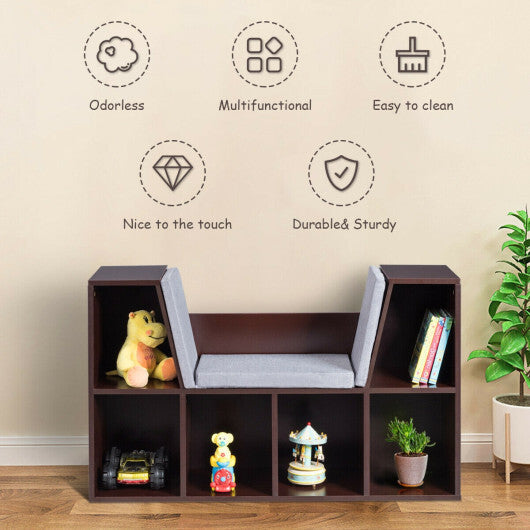 6-Cubby Kid Storage Bookcase Cushioned Reading Nook-Brown W2B