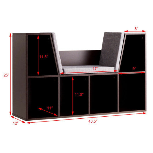 6-Cubby Kid Storage Bookcase Cushioned Reading Nook-Brown W2B