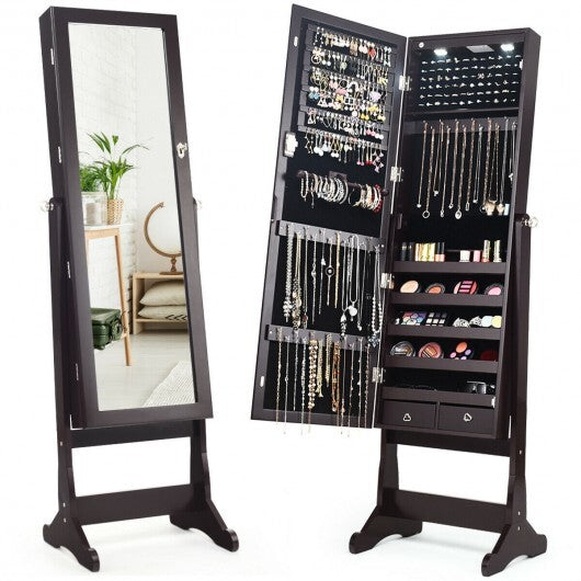 Lockable Mirrored Jewelry Cabinet with Stand and Led Lights-Brown W2B