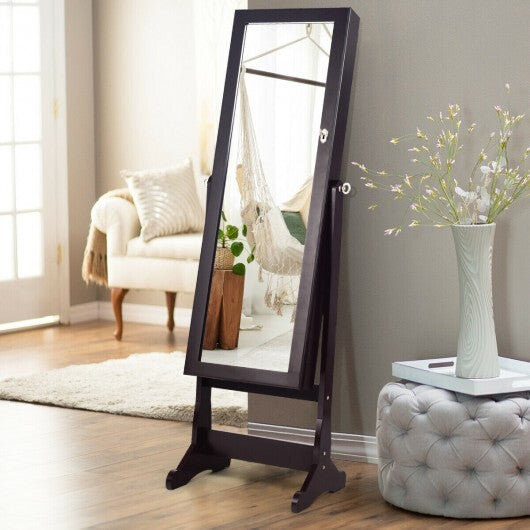 Lockable Mirrored Jewelry Cabinet with Stand and Led Lights-Brown W2B